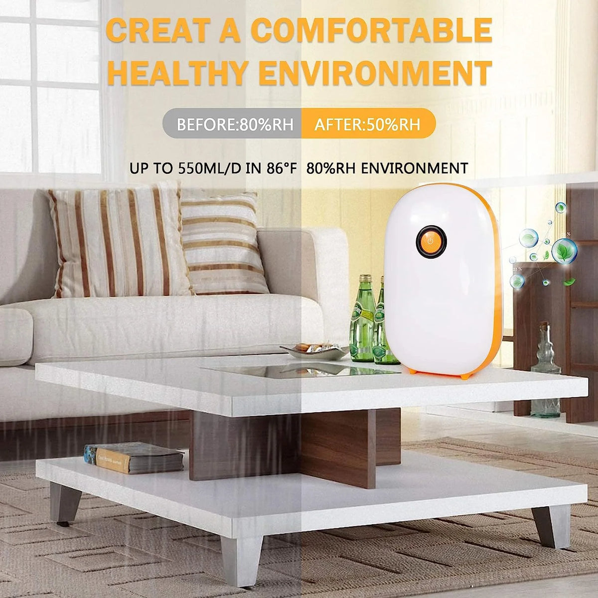 Orange Portable Dehumidifier with Auto Shut-off, 1100ml Water Tank C459